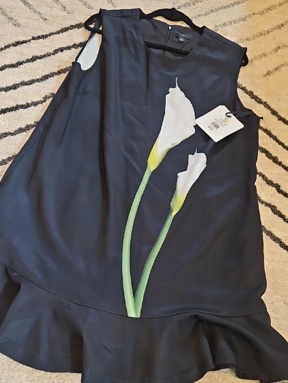 Victoria Beckham Black Midi Dress with White & Green Floral Print